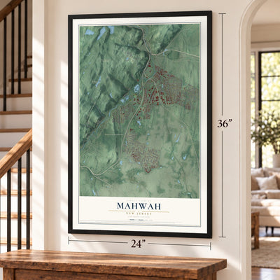 Mahwah, New Jersey map, 24 x 36 inch print in a black frame by a staircase
