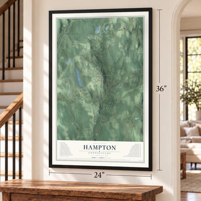 Hampton, Connecticut map, 24 x 36 inch print in a black frame by a staircase