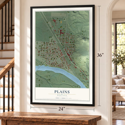 Plains, Montana map, 24 x 36 inch print in a black frame by a staircase