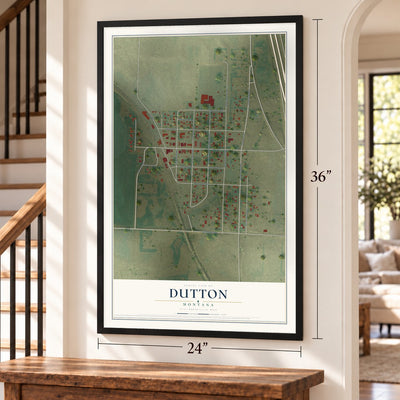 Dutton, Montana map, 24 x 36 inch print in a black frame by a staircase