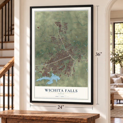 Wichita Falls, Texas map, 24 x 36 inch print in a black frame by a staircase