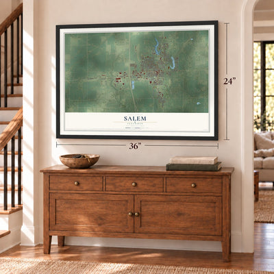 Salem, Illinois map, 24 x 36 inch print in a black frame above a dresser by a staircase