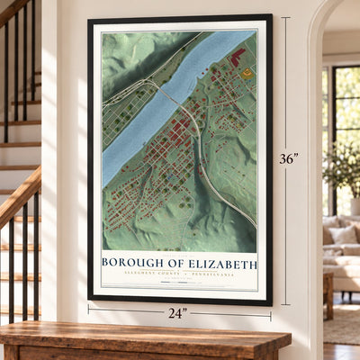 Borough of Elizabeth, Allegheny County, Pennsylvania map, 24 x 36 inch print in a black frame by a staircase