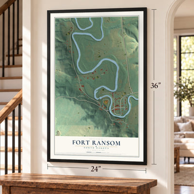 Fort Ransom, North Dakota map, 24 x 36 inch print in a black frame by a staircase