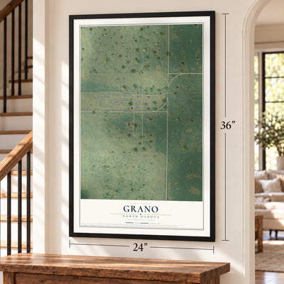 Grano, North Dakota map, 24 x 36 inch print in a black frame by a staircase