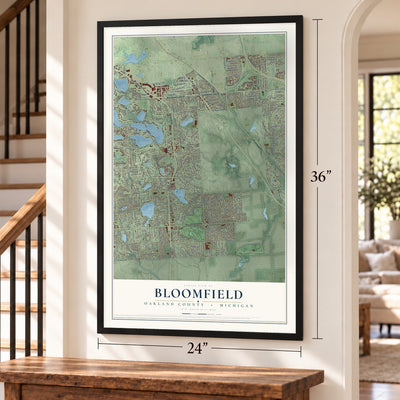 Bloomfield, Oakland County, Michigan map, 24 x 36 inch print in a black frame by a staircase