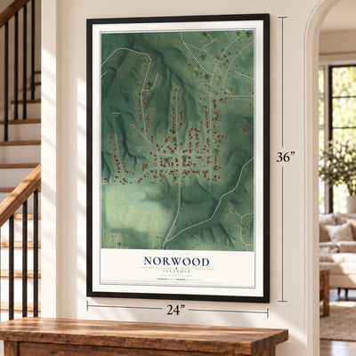 Norwood, Illinois map, 24 x 36 inch print in a black frame by a staircase
