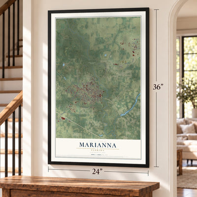 Marianna, Florida map, 24 x 36 inch print in a black frame by a staircase