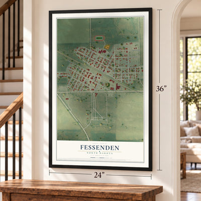 Fessenden, North Dakota map, 24 x 36 inch print in a black frame by a staircase