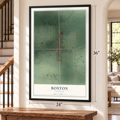 Boston, Indiana map, 24 x 36 inch print in a black frame by a staircase