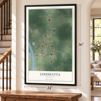 Coushatta, Louisiana map, 24 x 36 inch print in a black frame by a staircase