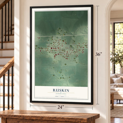 Ruskin, Nebraska map, 24 x 36 inch print in a black frame by a staircase