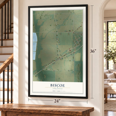 Biscoe, Arkansas map, 24 x 36 inch print in a black frame by a staircase