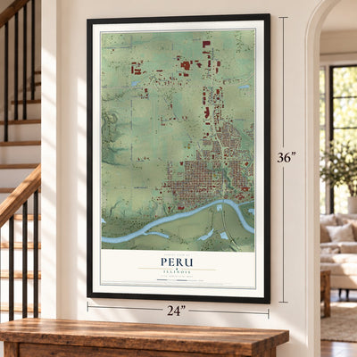 Peru, Illinois map, 24 x 36 inch print in a black frame by a staircase