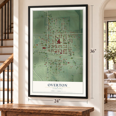 Overton, Nebraska map, 24 x 36 inch print in a black frame by a staircase