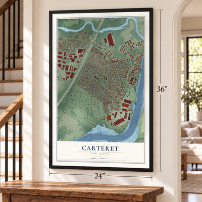 Carteret, New Jersey map, 24 x 36 inch print in a black frame by a staircase