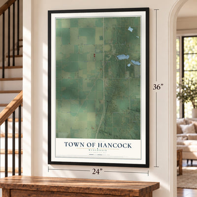 Town of Hancock, Wisconsin map, 24 x 36 inch print in a black frame by a staircase
