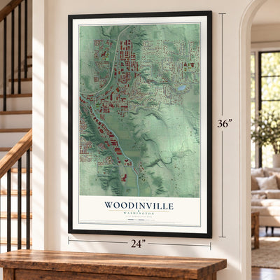 Woodinville, Washington map, 24 x 36 inch print in a black frame by a staircase