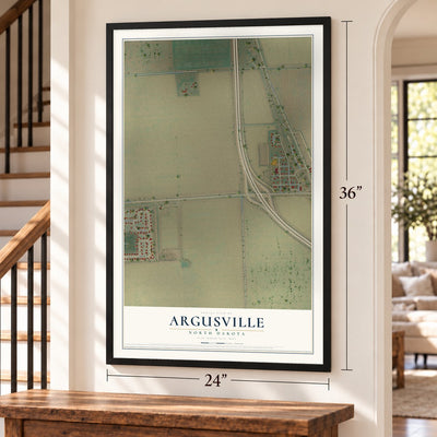 Argusville, North Dakota map, 24 x 36 inch print in a black frame by a staircase