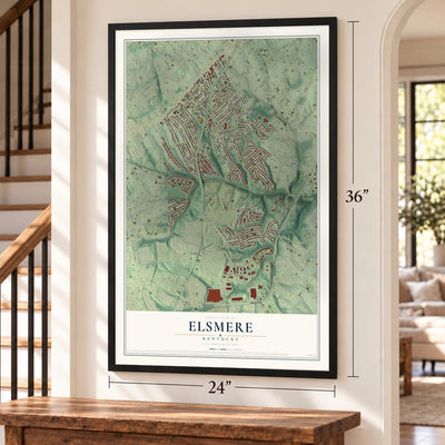 Elsmere, Kentucky map, 24 x 36 inch print in a black frame by a staircase
