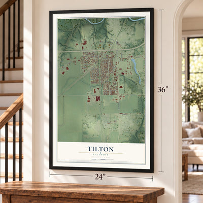 Tilton, Illinois map, 24 x 36 inch print in a black frame by a staircase