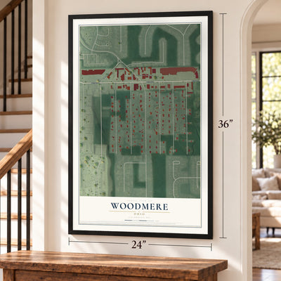 Woodmere, Ohio map, 24 x 36 inch print in a black frame by a staircase
