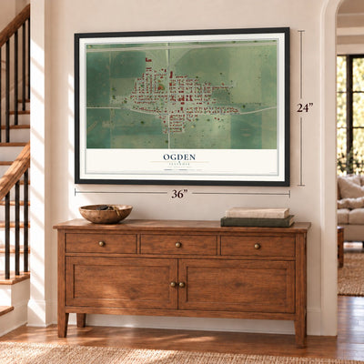 Ogden, Illinois map, 24 x 36 inch print in a black frame above a dresser by a staircase