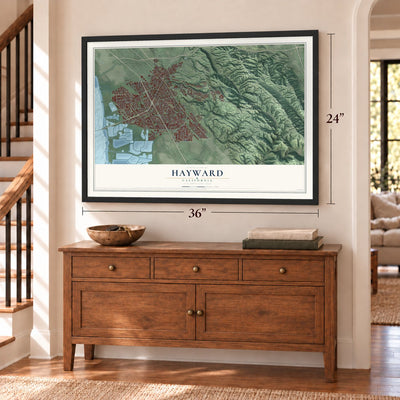 Hayward, California map, 24 x 36 inch print in a black frame above a dresser by a staircase