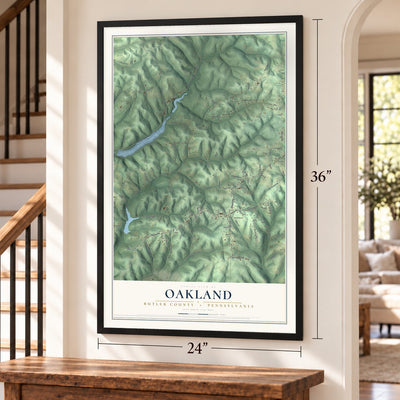 Oakland, Butler County, Pennsylvania map, 24 x 36 inch print in a black frame by a staircase