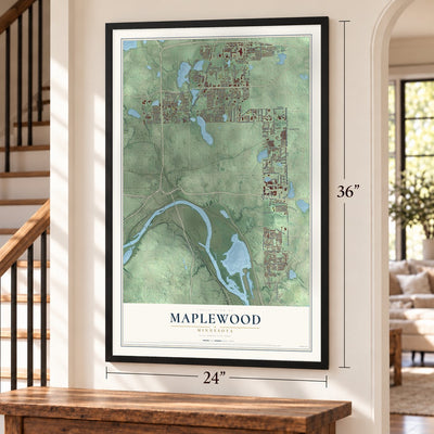 Maplewood, Minnesota map, 24 x 36 inch print in a black frame by a staircase