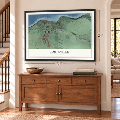 Coupeville, Washington map, 24 x 36 inch print in a black frame above a dresser by a staircase