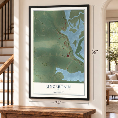 Uncertain, Texas map, 24 x 36 inch print in a black frame by a staircase