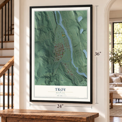 Troy, Montana map, 24 x 36 inch print in a black frame by a staircase