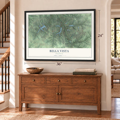 Bella Vista, Arkansas map, 24 x 36 inch print in a black frame above a dresser by a staircase