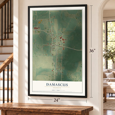 Damascus, Georgia map, 24 x 36 inch print in a black frame by a staircase