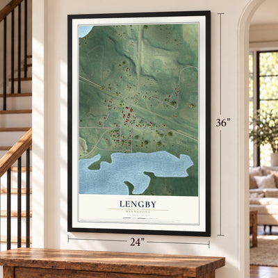 Lengby, Minnesota map, 24 x 36 inch print in a black frame by a staircase