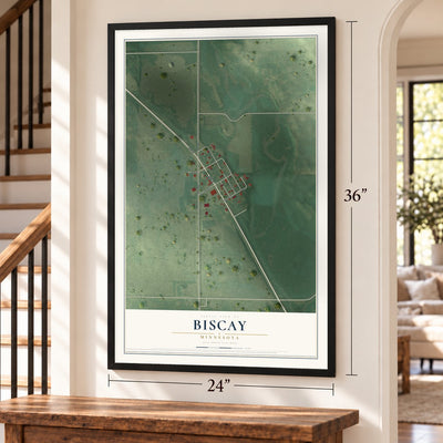 Biscay, Minnesota map, 24 x 36 inch print in a black frame by a staircase