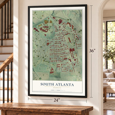 South Atlanta, Georgia map, 24 x 36 inch print in a black frame by a staircase