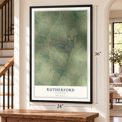 Rutherford, Tennessee map, 24 x 36 inch print in a black frame by a staircase