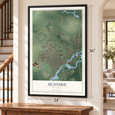Seaford, Delaware map, 24 x 36 inch print in a black frame by a staircase