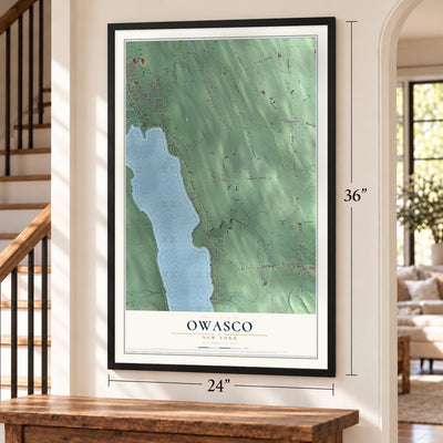 Owasco, New York map, 24 x 36 inch print in a black frame by a staircase
