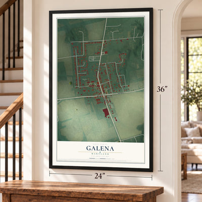 Galena, Maryland map, 24 x 36 inch print in a black frame by a staircase