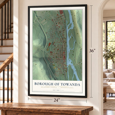 Borough of Towanda, Bradford County, Pennsylvania map, 24 x 36 inch print in a black frame by a staircase