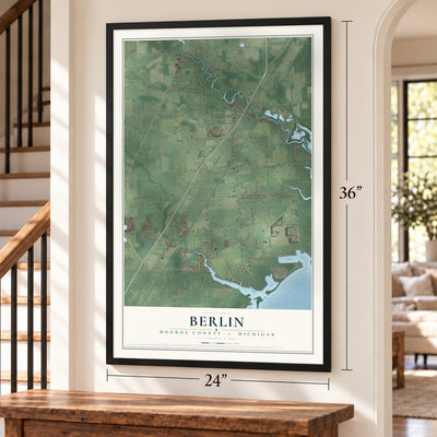 Berlin, Monroe County, Michigan map, 24 x 36 inch print in a black frame by a staircase