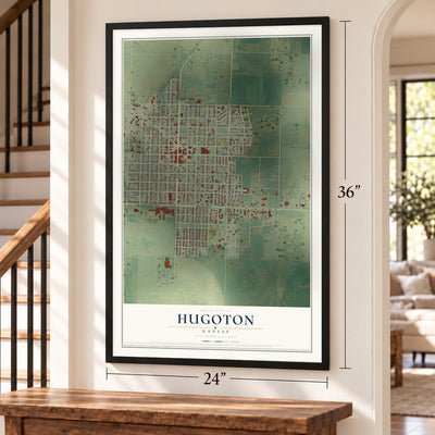 Hugoton, Kansas map, 24 x 36 inch print in a black frame by a staircase