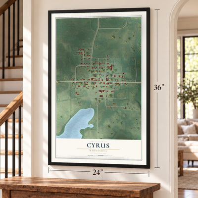 Cyrus, Minnesota map, 24 x 36 inch print in a black frame by a staircase