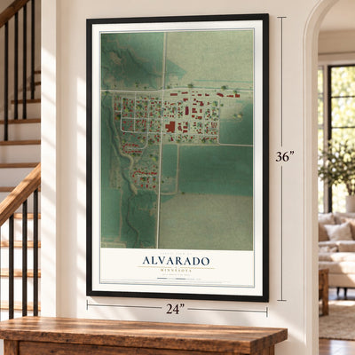 Alvarado, Minnesota map, 24 x 36 inch print in a black frame by a staircase