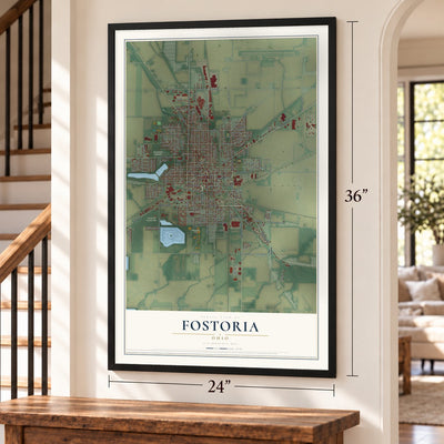 Fostoria, Ohio map, 24 x 36 inch print in a black frame by a staircase