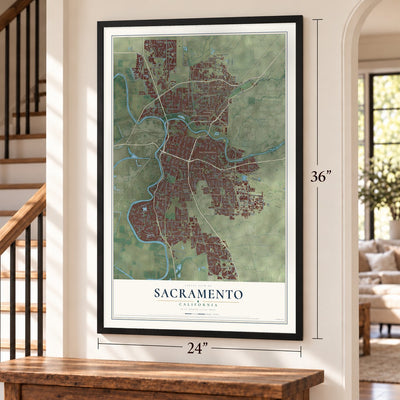 Sacramento, California map, 24 x 36 inch print in a black frame by a staircase