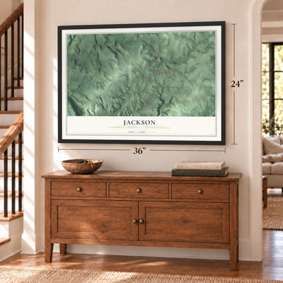 Jackson, Cambria County, Pennsylvania map, 24 x 36 inch print in a black frame above a dresser by a staircase